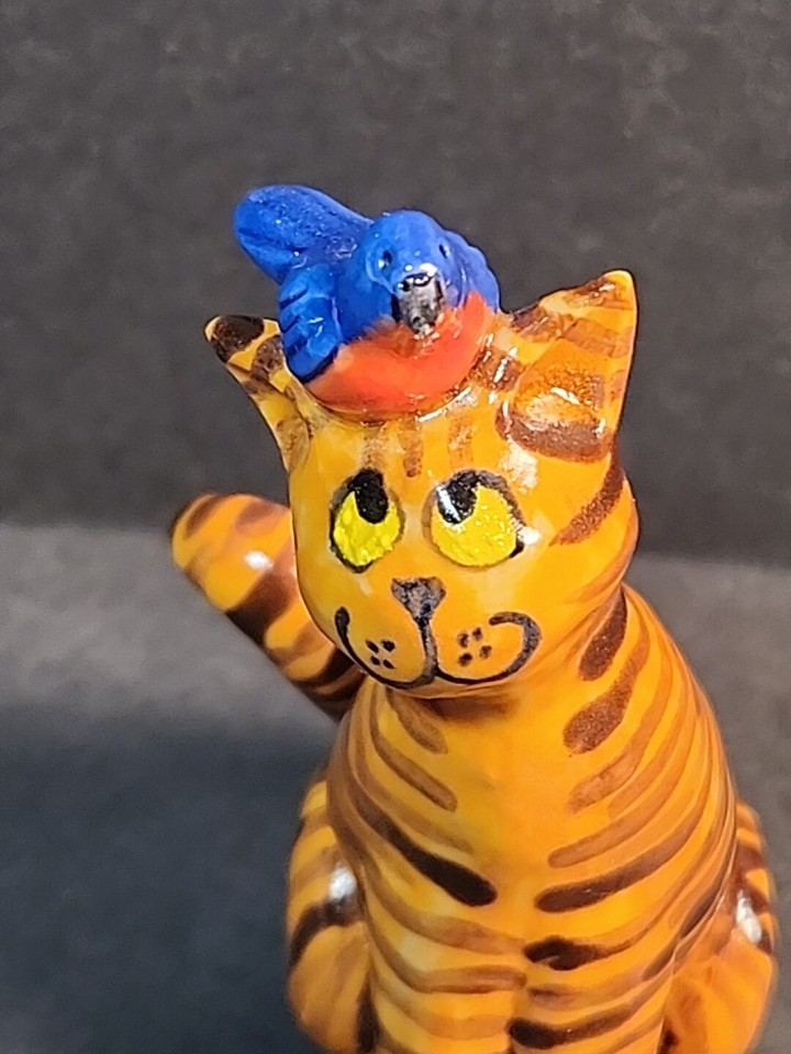 Smallwood Pottery Cat Orange Tabby Blue Bird 1997 Miniature Figurine