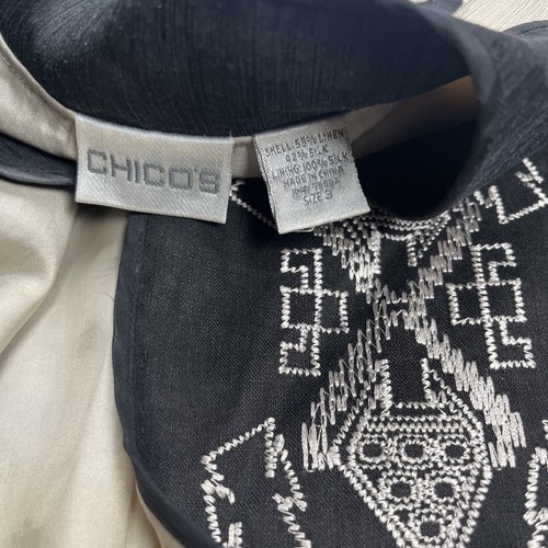 Chico's Embroidered Linen and Silk Stand Collar Jacket Size 3 Cream Black - Picture 2 of 13