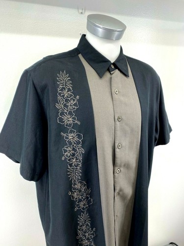 Karibik Herren Gr. XL schwarz grau Hemd Blumen bestickt Kurzarm MB6 - Bild 2 von 8