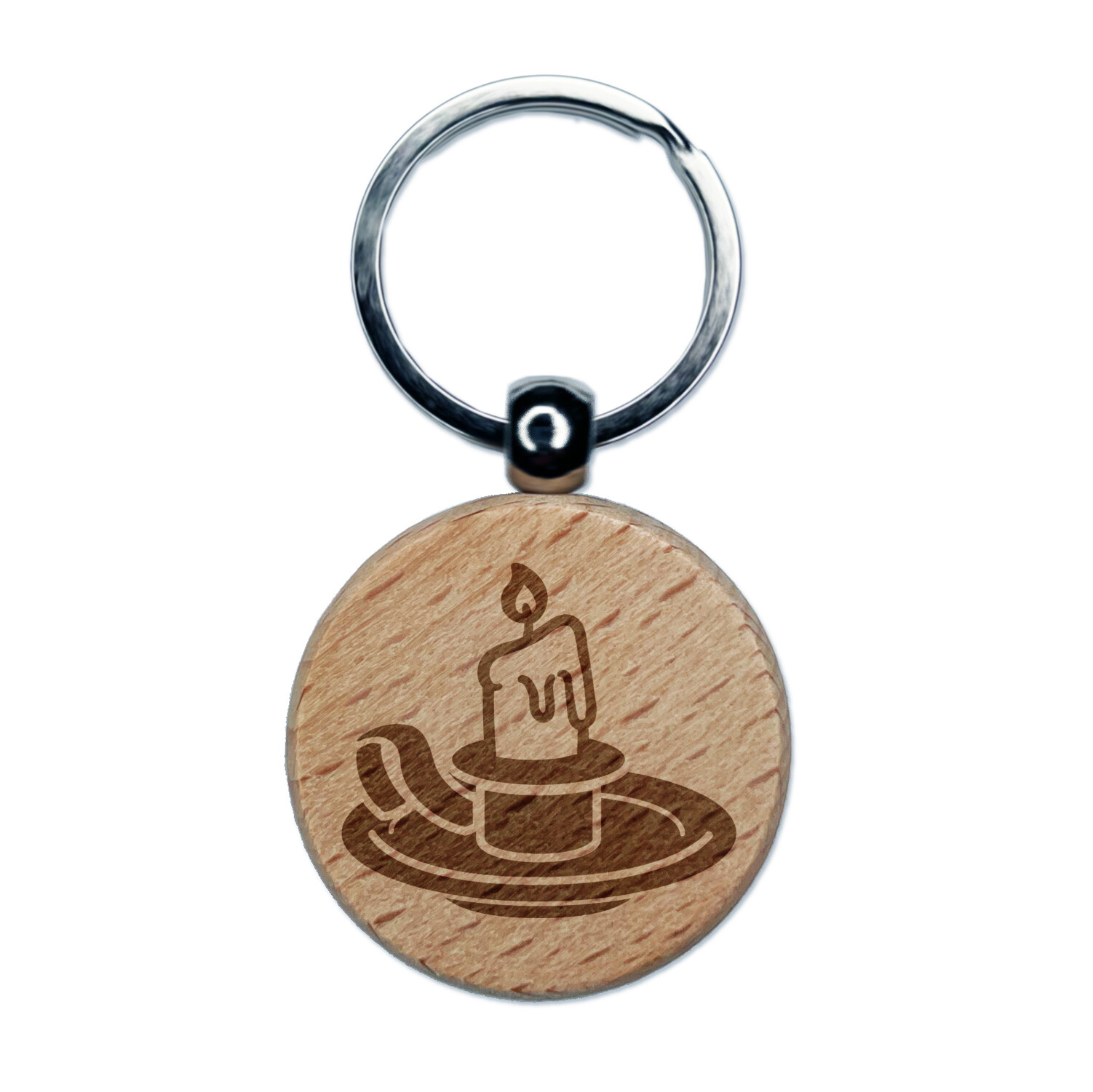 Candle on a Holder Engraved Wood Round Keychain Tag Charm