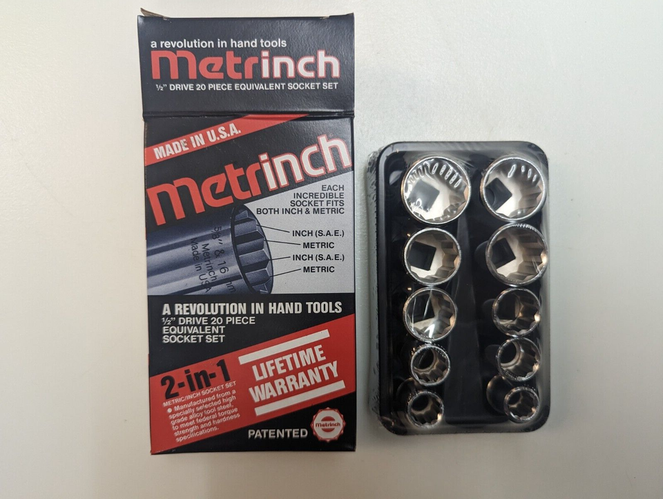 Vintage NOS Original Metrinch USA 20 pc 1/2 3/8 Drive 12 Pt Socket Set ...