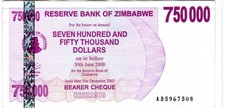 Zimbabwe 750,000 Dollars 2007 Used AD5967508