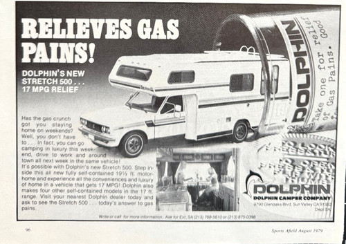 Dolphin Camper Company Interior "Relieves Gas Pains" CA Vintage Print Ad 1979