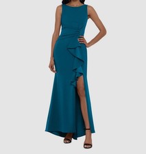 B A by Betsy  Adam Women's Blue Cascading-Ruffle Boat-Neck Gown Dress Size 4