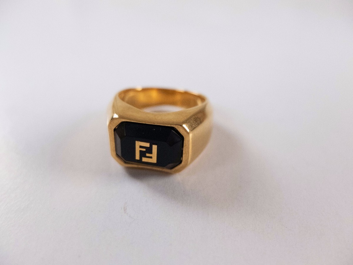 FENDI gold tone black FF logo metal men's ring Size Medium FENDI gold tone black FF logo metal men's ring Size Medium