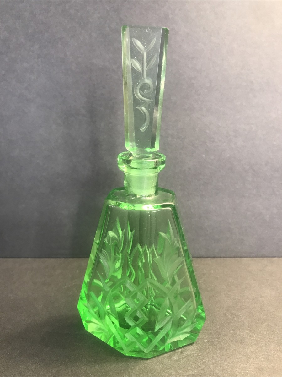 Art Deco perfume bottle/Green Color Glass/Czechoslovakia C1940