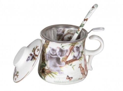 Tea For One 340ml Australian Wildlife Fine Bone China Mug w Lid Strainer & Spoon - Zdjęcie 1 z 2