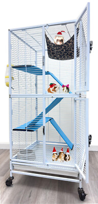 Deluxe Two Story Double Unit 4-Tiers Ferret Hammock Rats Critter Cage On Wheels