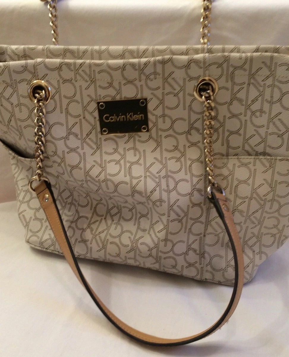 Calvin Tote Shoulder Bag Faux Leather Monogram Pattern Ivory Cream | eBay