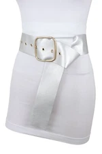 Women Shiny Silver Color Extra Long Wide Waistband Fashion Belt Fit Size XS S