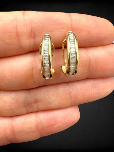 10kt Yellow Gold Diamond Baguette Earrings Half Hoop Omega Backs Channel Set - Picture 3 of 14