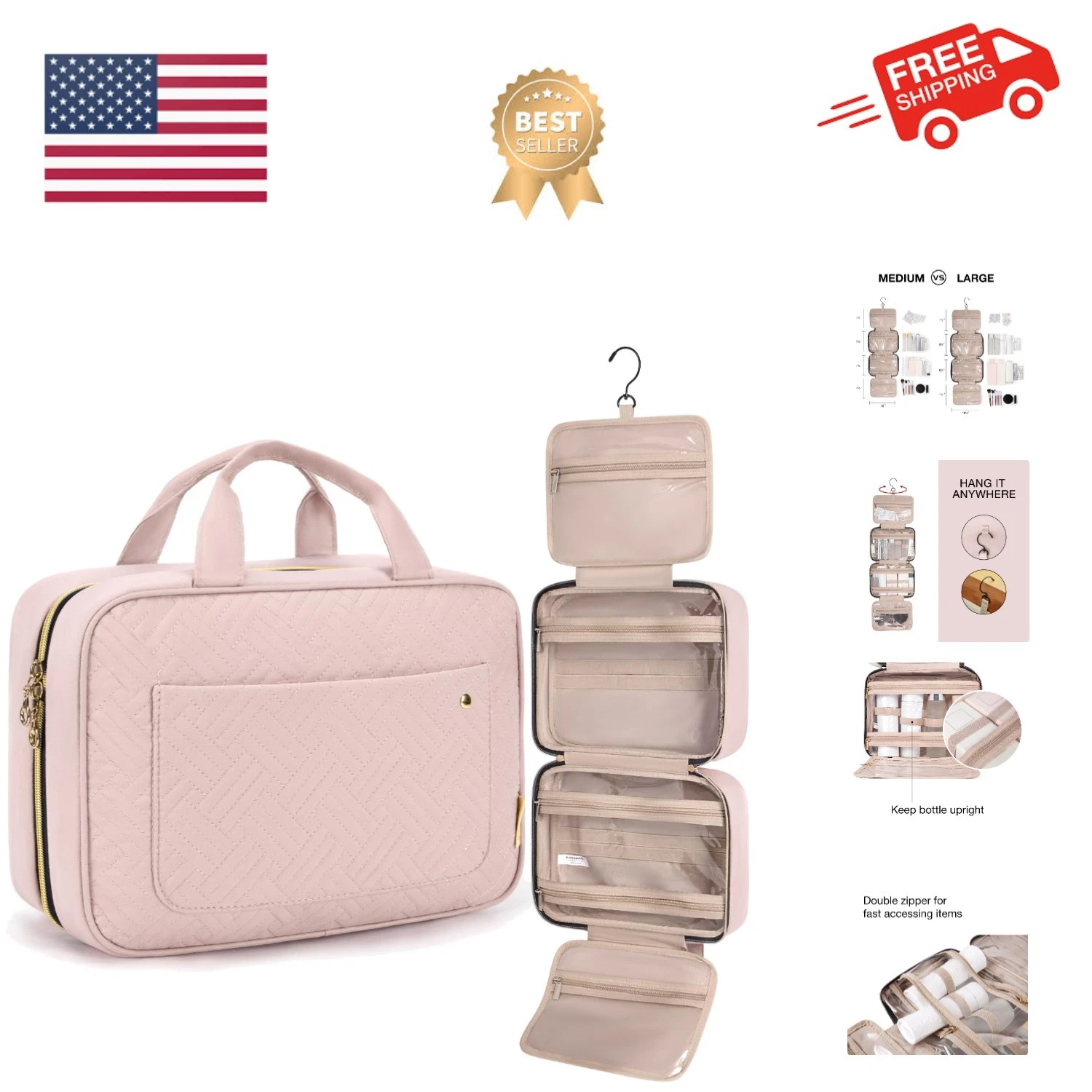Toiletry Bag Travel Bag with Hanging Hook, Water-resistant Makeup Cosmetic Ba...