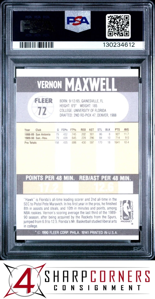 1990 FLEER #72 VERNON MAXWELL ROCKETS PSA 10 - Image 2 of 3
