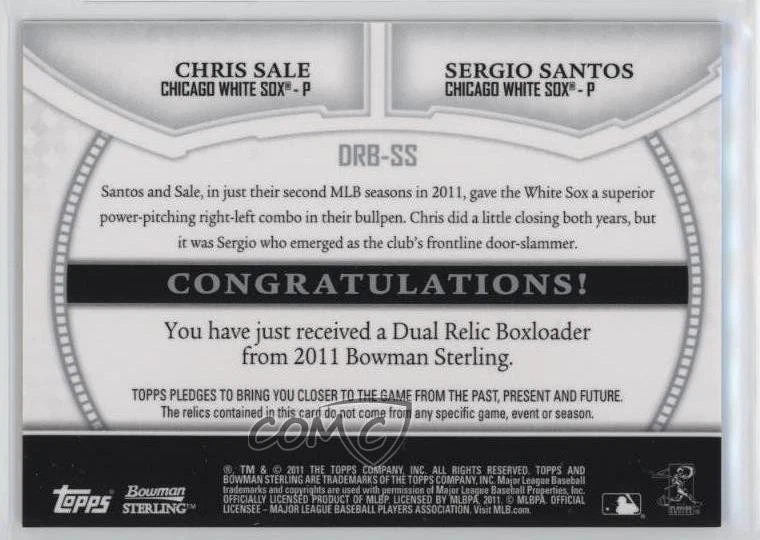 2011 Bowman Sterling Refractor /99 Chris Sale Sergio Santos #DRB-SS Rookie RC - Image 2 of 2