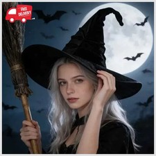 Large Halloween Witch Hat Black Velvet Wide Brim Wizard Hat Costume Accessories