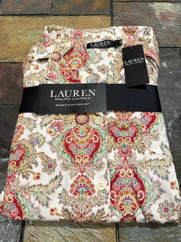 Ralph Lauren Para Mujer Paisley Mezcla de Algodón Ropa de Salón Lujo Acogedor Pijama Conjunto Talla L Foto 3 de 4