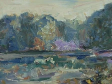 Art Original Oil Painting RM Mortensen "Company Island" River Abstract Realism