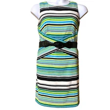 AB STUDIO striped blue, green, yellow belted dress - women's 12 Petite