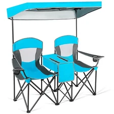 Portable Folding Camping Canopy Chairs w/ Cup Holder Cooler Outdoor Blue