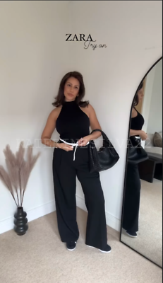 PANTALON FEMME ZARA NEUF SS25 NOIR JAMBES LARGES AVEC DOUBLE CEINTURE  REF:1608/225