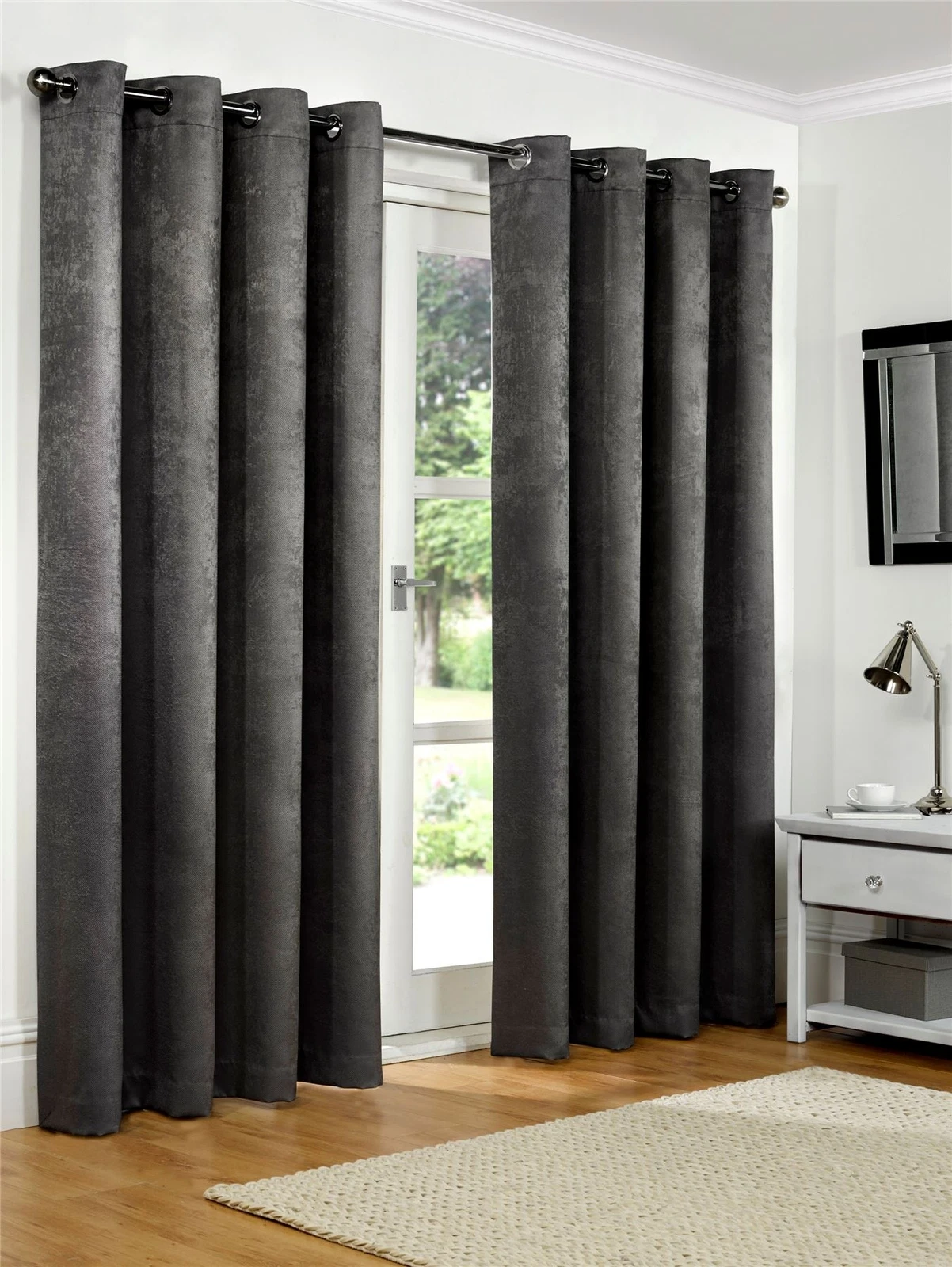 Luxury Charcoal Embossed Thermal Blackout Eyelet Ring Top Lined Pair Curtains