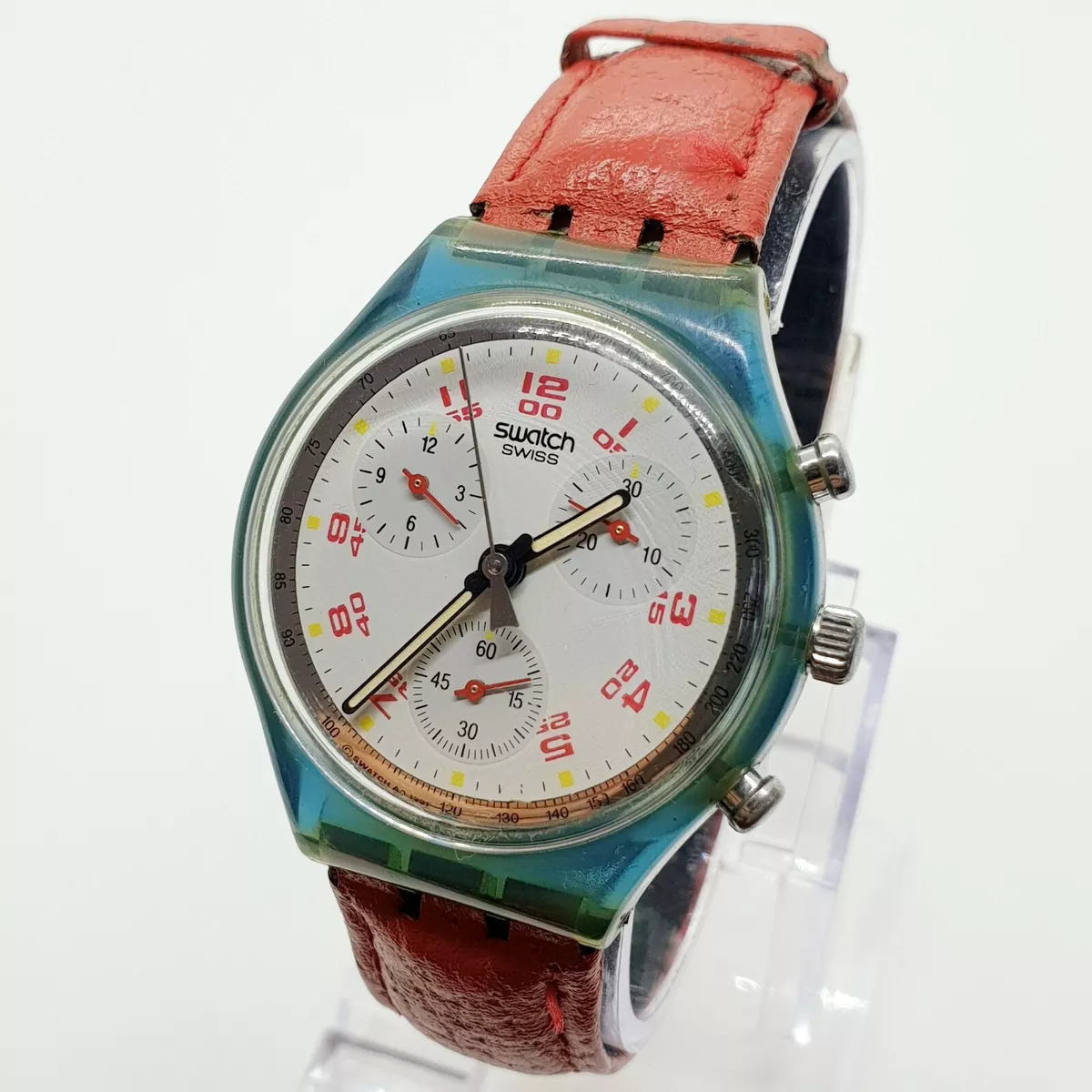 1992 Green & Red Swiss Swatch Chronograph Watch, Rare Swatch Chrono 90s with BOX