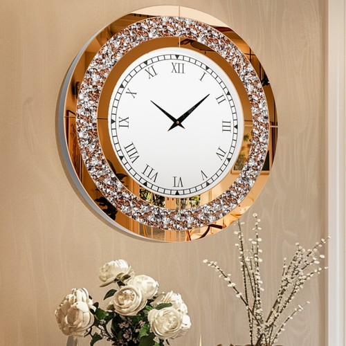 Round Mirror Clock Sparkle Crush Diamond Mirrored Wall Clock Living Room Decor - Picture 18 of 20