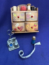 VINTAGE SEWING ACCESSORIES PINCUSHION WALL BOX THIMBLE HOLDER TAPE MEASURE LOT