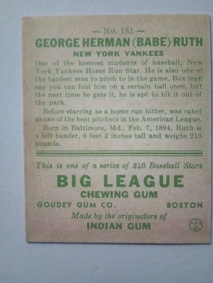 Cartão de beisebol Dover Classic Babe Ruth 1933 Goudey #181. Cartão muito bom - Imagem 3 de 4