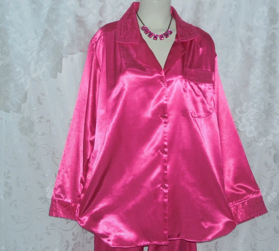 VTG 80s UNWORN L/XL GO SOFTLY 2 PC LONG FUCHSIA SATIN FLANNEL BACK PAJAMAS PJ - Image 3 of 4