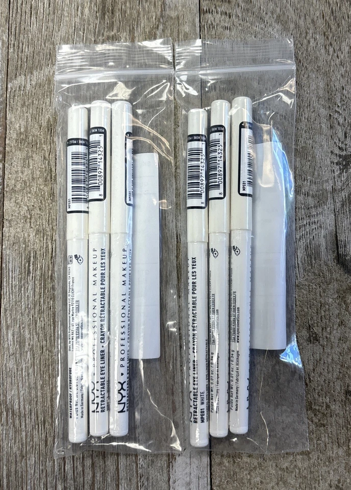 6x Lápiz delineador de ojos retráctil maquillaje NYX en blanco TAMAÑO COMPLETO 0,01 oz Foto 2 de 2