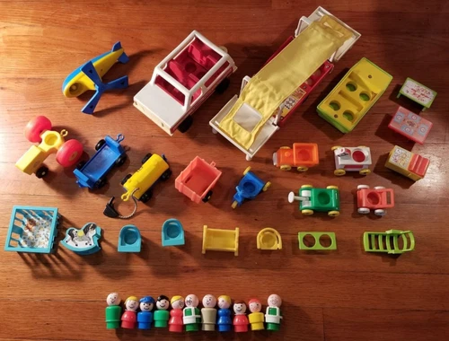 VINTAGE Fisher Price LITTLE PEOPLE LOT  Car Camper Tent Helicopter Tractor Gas
