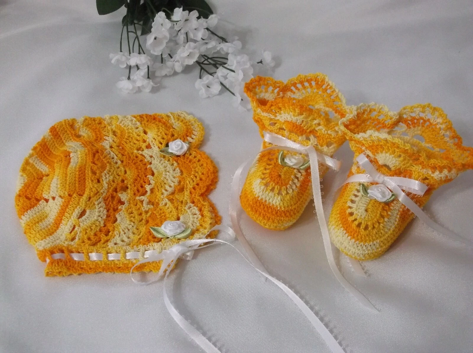 Handmade, Hand Crocheted Baby Bonnet and Booties - Yellow Variegated