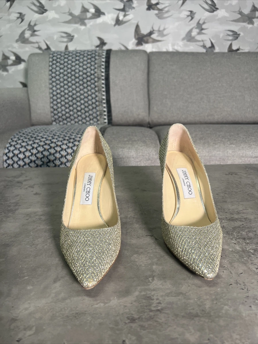 Jimmy Choo Romy 85 Pumps Glitter Champagne Ivory Heels UK5 IT38 Jimmy Choo Heels