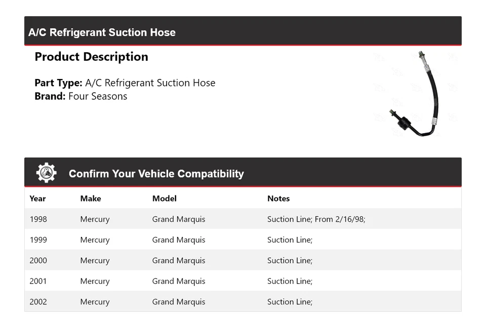 Manguera de succión de refrigerante aire acondicionado Mercury Grand Marquis 1998-2002 4 estaciones 1999 Foto 2 de 4