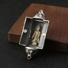 S925 Silver HEAVY BUDDHA SHRINE Locket Engraved Prayer Scroll Pendant Box Amulet