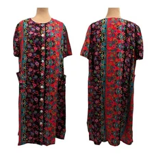 Vintage 60s 70s Handmade Button Up House Dress Kaftan Mumu Psychedelic Floral
