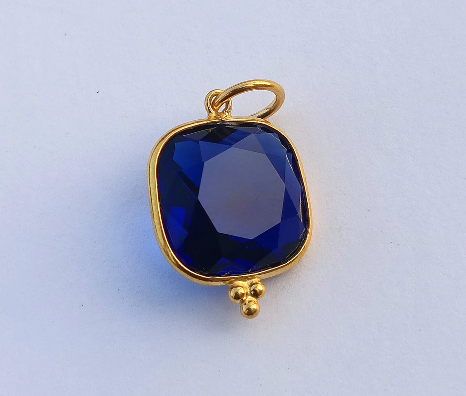 Lab-Created Blue Sapphire Pendant, 18K Yellow Gold Charm Handmade Pendant - Image 3 of 4