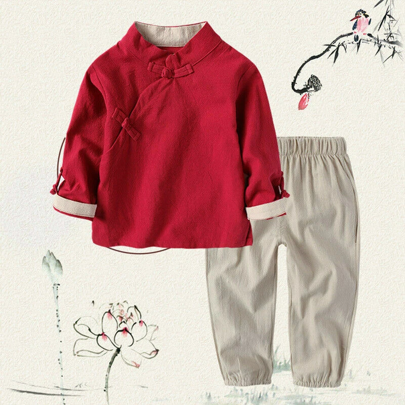 2Pcs Bambini Cinese Anno Nuovo Completo Ttang Abito Cotone Lino Etnico Vestiti - Immagine 2 di 4