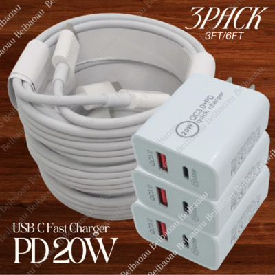 3Pack 20W Fast Charger Type USB C Cube PD Cable For iPhone 16 15 14 13 12 11 Lot