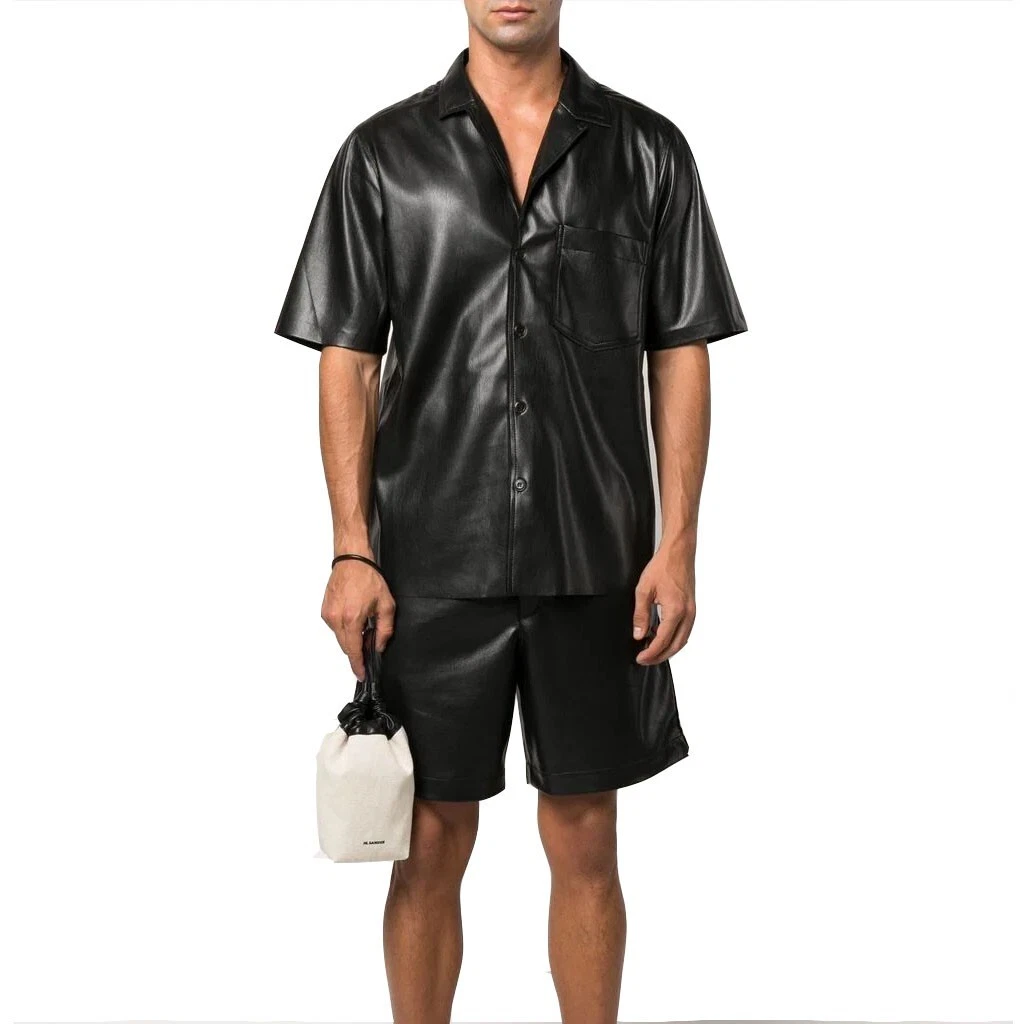 LeatherViz Mens Shirt Summer Black Real Soft Genuine Lambskin ShortSleeves shirt