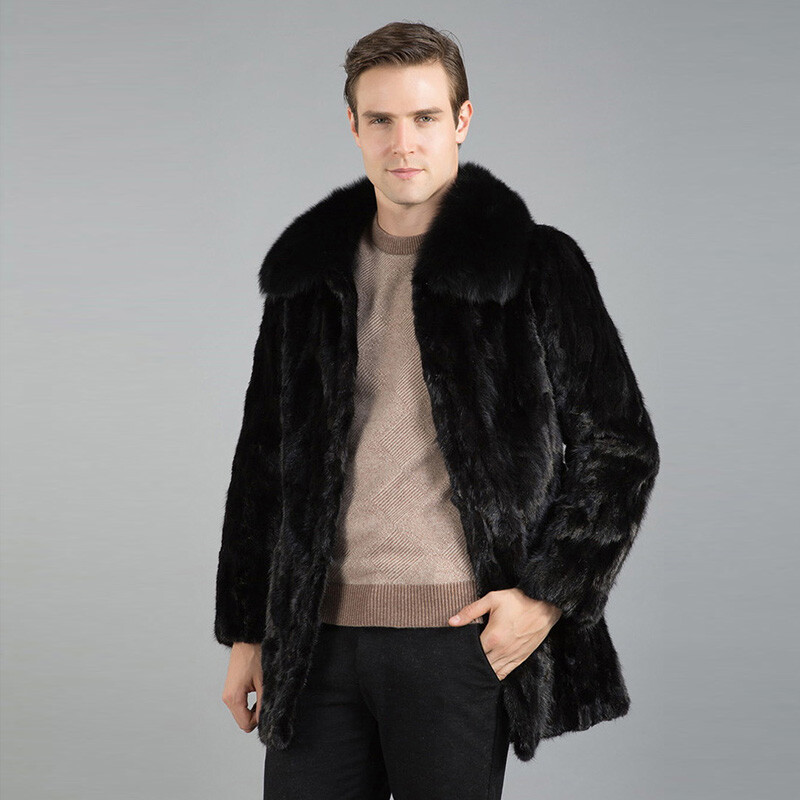 Men's 100% Real Rabbit Fur Coat Real Fox Fur Collar Jacket Winter