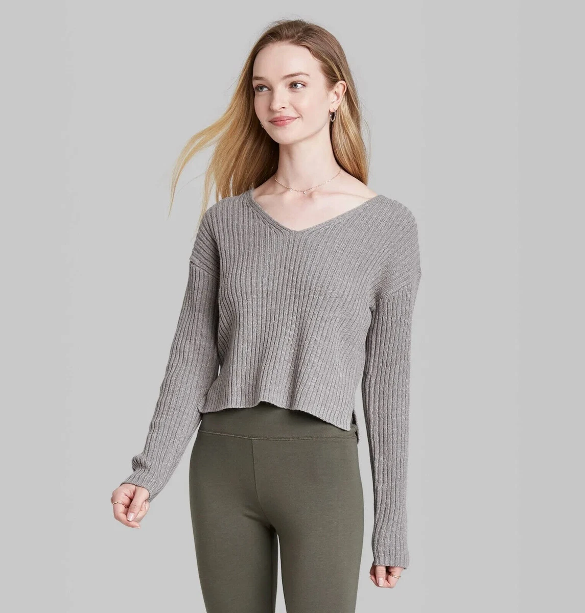 Wild Fable Women's V-Neck Rib Knit Pullover Sweater Gray Size