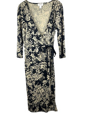 Ann Taylor Loft Womens Dress Size 6 Wrap Floral 3/4 Sleeve Midi Floral Black Tan