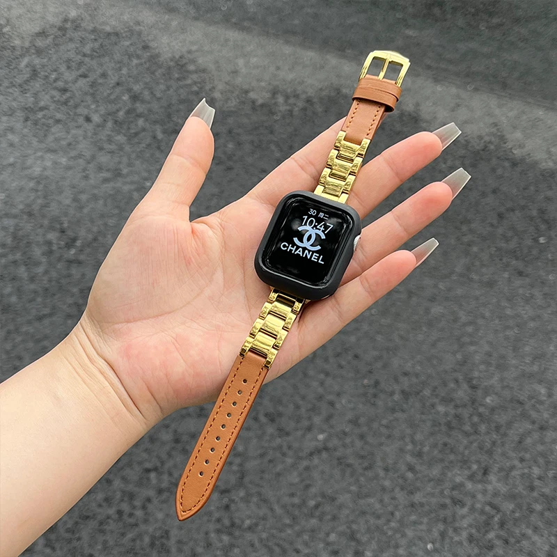 Correa de cuero genuino con eslabones de cerámica brillante para Apple Watch Ultra 2 9 8 7 6 Foto 2 de 4