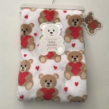 NEW Baby Blanket Soft Lightweight Cozy Teddy Bear Red Valentines Hearts Print