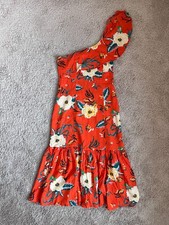 Urban Outfitters Carmen Floral One-Shoulder Ruffle Midi Dress Orange Size SMALL