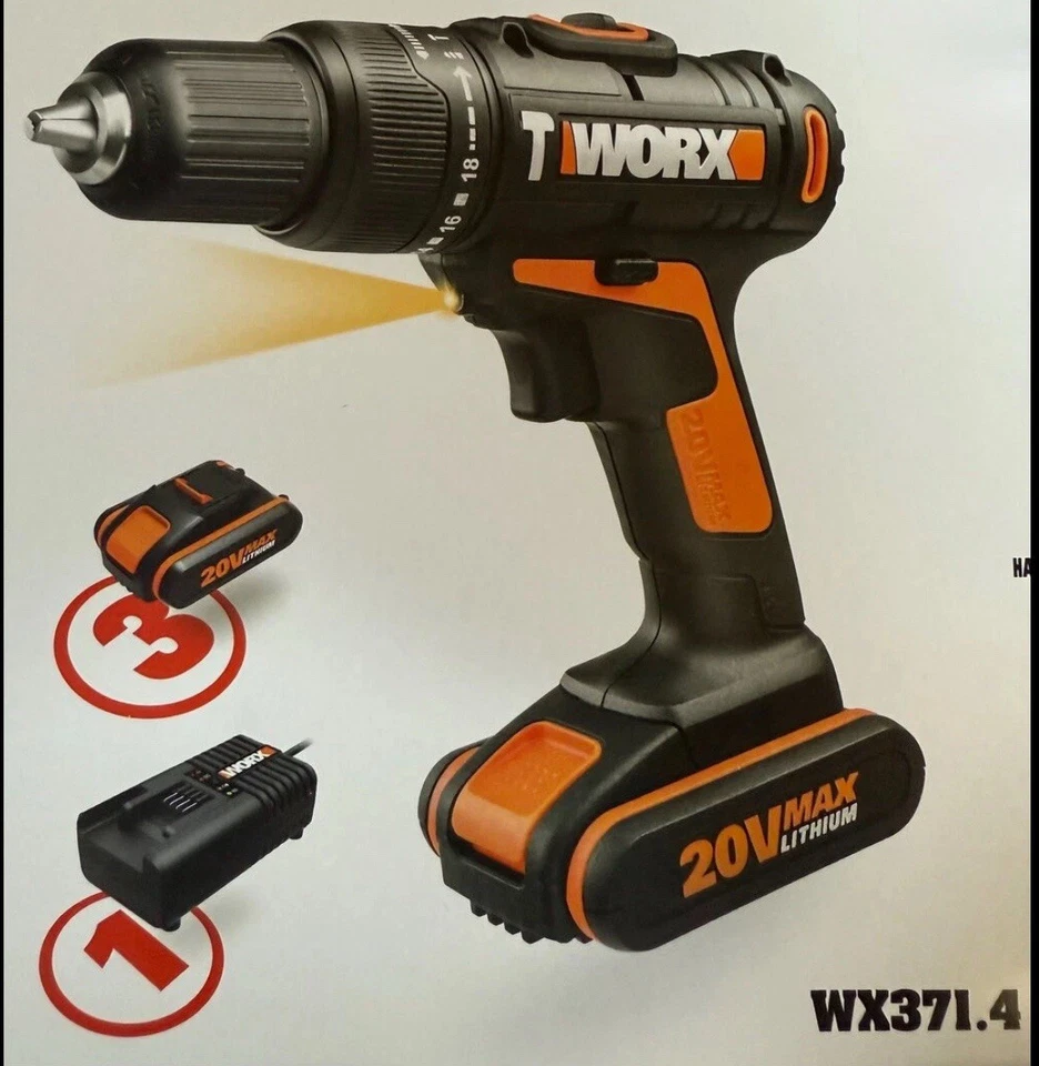 WORX Akkuschrauber WX371. 4 Schlagbohrer mit 3xAkku 20V Schlagbohrmaschine
