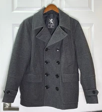 Express Tech Pea Coat Herringbone Wool Double Breasted Mens Medium