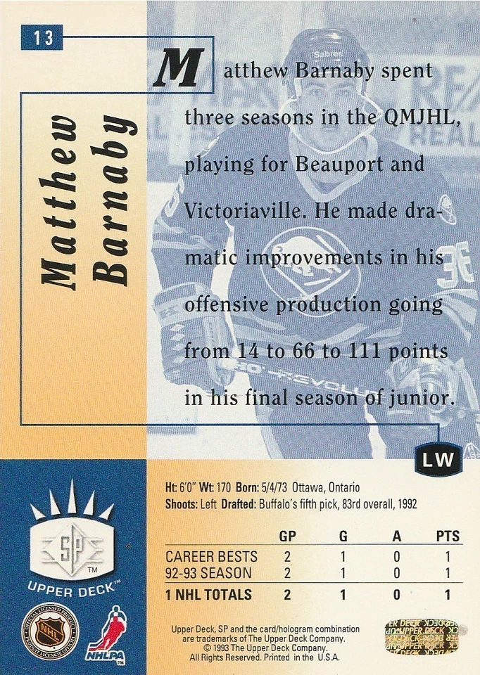 1993-94 Upper Deck SP Inserts #13 Matthew Barnaby - Image 2 of 3